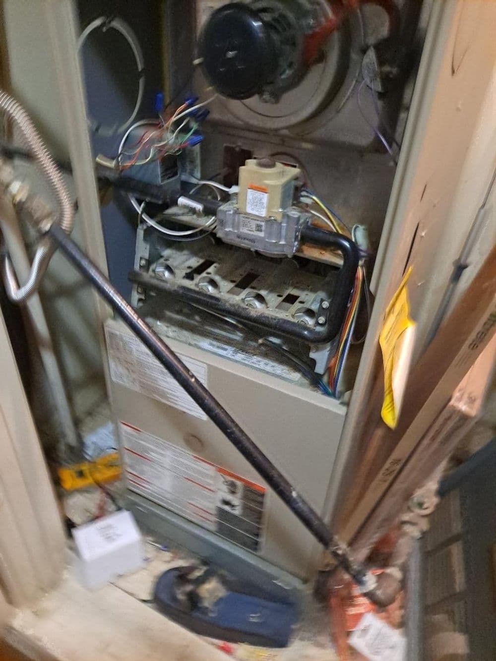 Inside view of a residential furnace showing internal components and wiring.